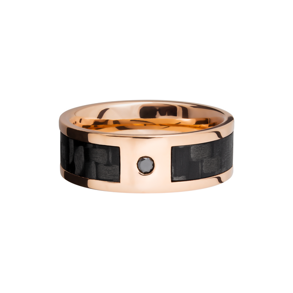 14K Rose Gold 8mm flat band with a 5mm inlay of segmented black Carbon Fiber and a flush-set black diamond accent Image 3 H. Brandt Jewelers Natick, MA