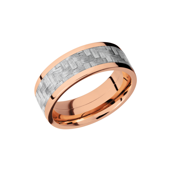 14K Rose Gold 8mm flat band with a 5mm inlay of silver Carbon Fiber The Jewelry Source El Segundo, CA