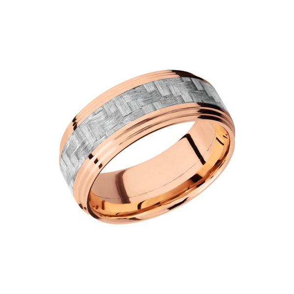 14K Rose Gold 9mm flat band with 2 grooved edges and a 4mm inlay of silver Carbon Fiber John Herold Jewelers Randolph, NJ