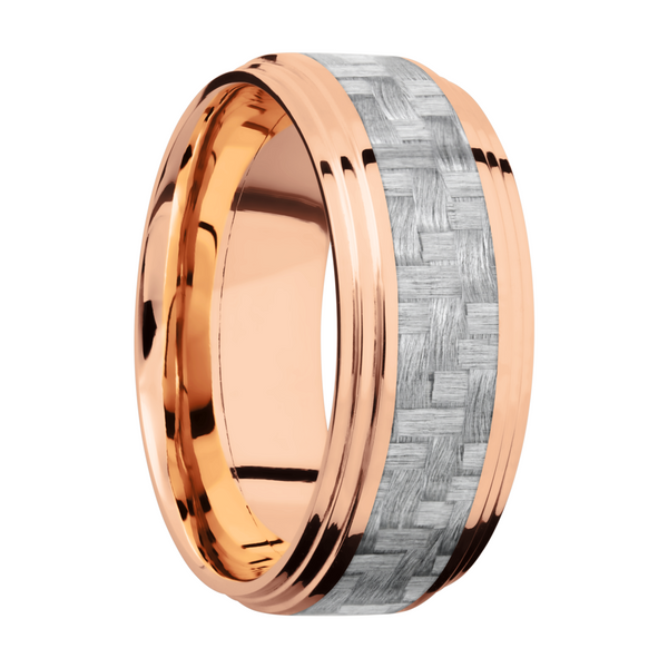 14K Rose Gold 9mm flat band with 2 grooved edges and a 4mm inlay of silver Carbon Fiber Image 2 Ken Walker Jewelers Gig Harbor, WA