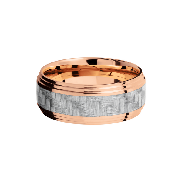 14K Rose Gold 9mm flat band with 2 grooved edges and a 4mm inlay of silver Carbon Fiber Image 3 Raleigh Diamond Fine Jewelry Raleigh, NC