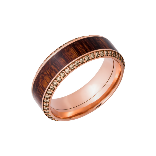 14k Rose Gold 8.5mm beveled band with an inlay of exotic Natcoco hardwood and eternity chocolate diamond accents Jimmy Smith Jewelers Decatur, AL