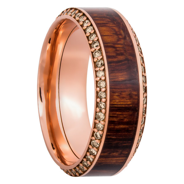 14k Rose Gold 8.5mm beveled band with an inlay of exotic Natcoco hardwood and eternity chocolate diamond accents Image 2 Raleigh Diamond Fine Jewelry Raleigh, NC