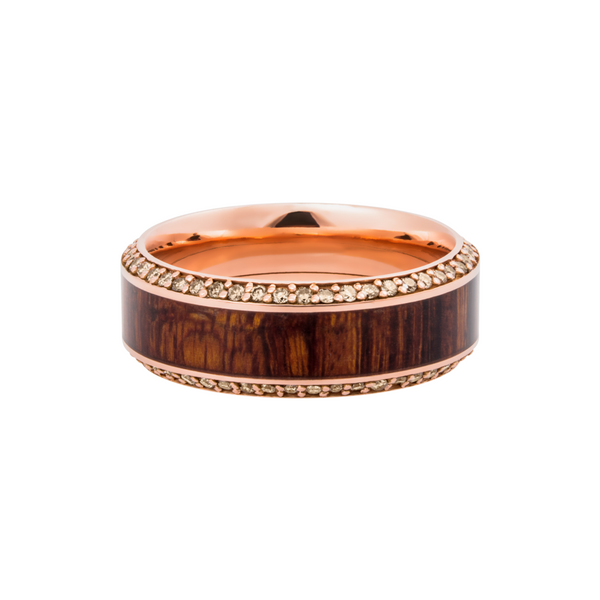14k Rose Gold 8.5mm beveled band with an inlay of exotic Natcoco hardwood and eternity chocolate diamond accents Image 3 Raleigh Diamond Fine Jewelry Raleigh, NC