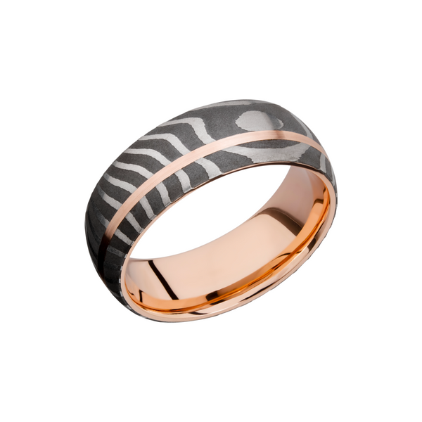 Handmade 8mm Tiger Damascus steel band featuring a sleeve and off-center inlay of 14K rose gold Raleigh Diamond Fine Jewelry Raleigh, NC