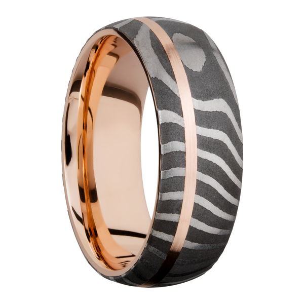 Handmade 8mm Tiger Damascus steel band featuring a sleeve and off-center inlay of 14K rose gold Image 2 Michele & Company Fine Jewelers Lapeer, MI