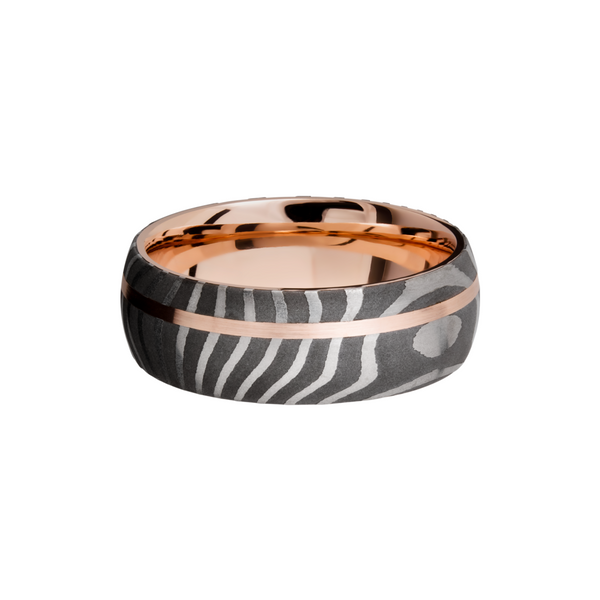 Handmade 8mm Tiger Damascus steel band featuring a sleeve and off-center inlay of 14K rose gold Image 3 Blue Heron Jewelry Company Poulsbo, WA