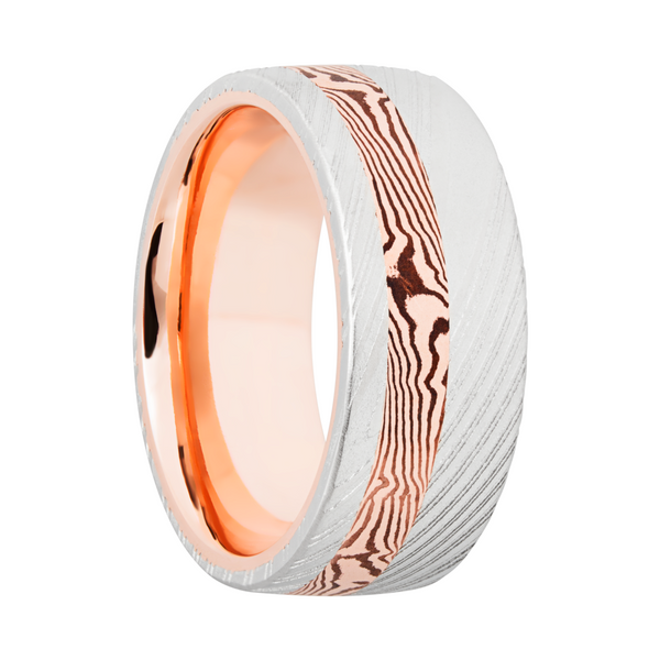 Handmade 9mm Woodgrain Damascus steel band featuring an inlay of Mokume Gane and a 14K rose gold sleeve Image 2 H. Brandt Jewelers Natick, MA