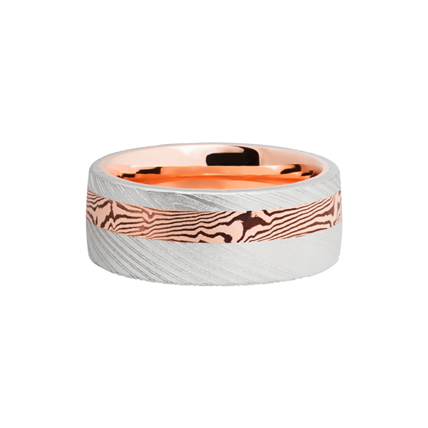 Handmade 9mm Woodgrain Damascus steel band featuring an inlay of Mokume Gane and a 14K rose gold sleeve Image 3 Cellini Design Jewelers Orange, CT