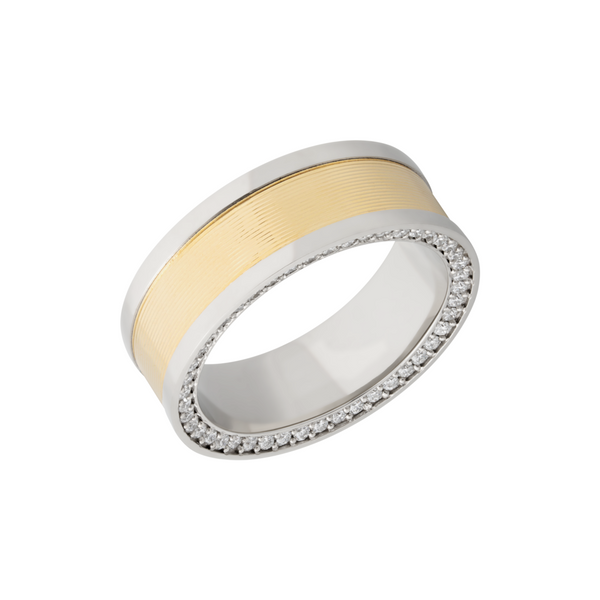 14K White gold 8mm flat band with an inlay of 14K yellow gold and bead-set .01ct side eternity diamonds Ken Walker Jewelers Gig Harbor, WA