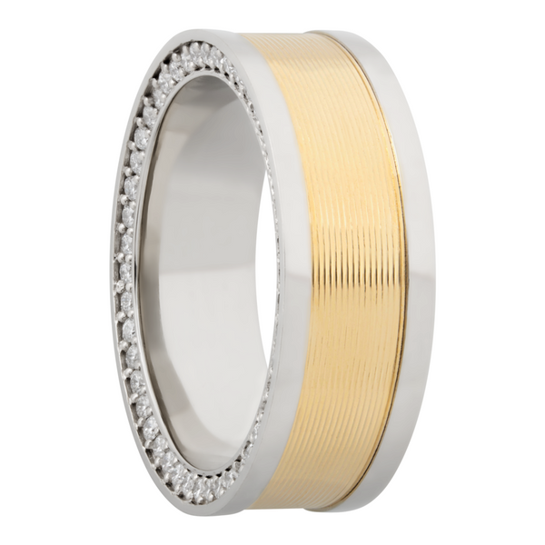 14K White gold 8mm flat band with an inlay of 14K yellow gold and bead-set .01ct side eternity diamonds Image 2 John Herold Jewelers Randolph, NJ