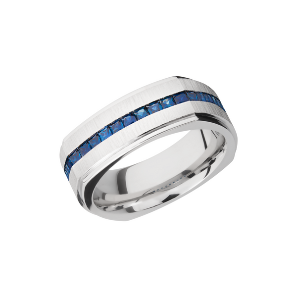 14K White gold 8mm flat square band with grooved edges and eternity-set sapphires Ken Walker Jewelers Gig Harbor, WA