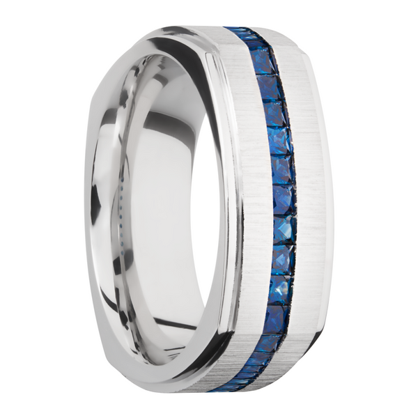 14K White gold 8mm flat square band with grooved edges and eternity-set sapphires Image 2 Raleigh Diamond Fine Jewelry Raleigh, NC