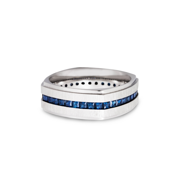 14K White gold 8mm flat square band with grooved edges and eternity-set sapphires Image 3 Raleigh Diamond Fine Jewelry Raleigh, NC