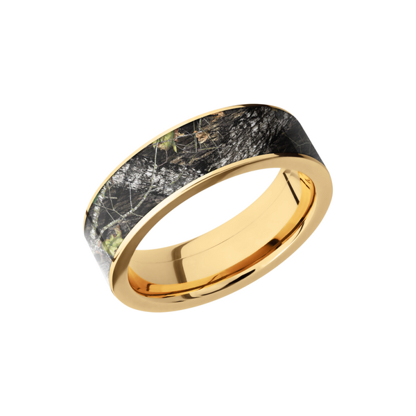 14K Yellow Gold 7mm flat band with a 6mm inlay of Mossy Oak Break Up Camo Ken Walker Jewelers Gig Harbor, WA