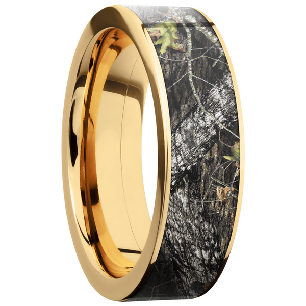 14K Yellow Gold 7mm flat band with a 6mm inlay of Mossy Oak Break Up Camo Image 2 Ken Walker Jewelers Gig Harbor, WA