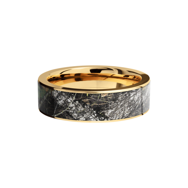 14K Yellow Gold 7mm flat band with a 6mm inlay of Mossy Oak Break Up Camo Image 3 Saxons Fine Jewelers Bend, OR