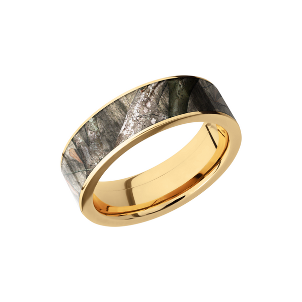 14K Yellow Gold 7mm flat band with a 6mm inlay of Mossy Oak Treestand Camo Ken Walker Jewelers Gig Harbor, WA
