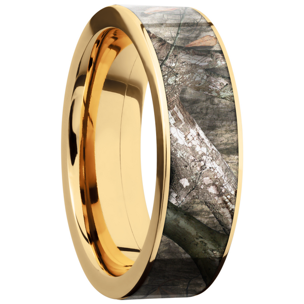 14K Yellow Gold 7mm flat band with a 6mm inlay of Mossy Oak Treestand Camo Image 2 Ken Walker Jewelers Gig Harbor, WA