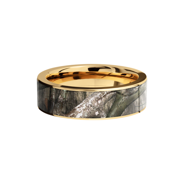 14K Yellow Gold 7mm flat band with a 6mm inlay of Mossy Oak Treestand Camo Image 3 H. Brandt Jewelers Natick, MA