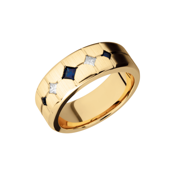 14K Yellow gold 8mm beveled band with 3 sapphires and 2 diamonds John Herold Jewelers Randolph, NJ