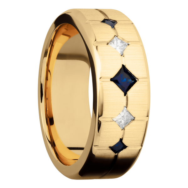 14K Yellow gold 8mm beveled band with 3 sapphires and 2 diamonds Image 2 J. Morgan Ltd., Inc. Grand Haven, MI