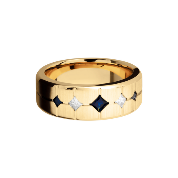 14K Yellow gold 8mm beveled band with 3 sapphires and 2 diamonds Image 3 Raleigh Diamond Fine Jewelry Raleigh, NC