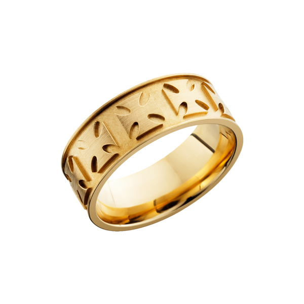 14K Yellow gold 8mm flat band with a laser-carved maltese pattern Ken Walker Jewelers Gig Harbor, WA