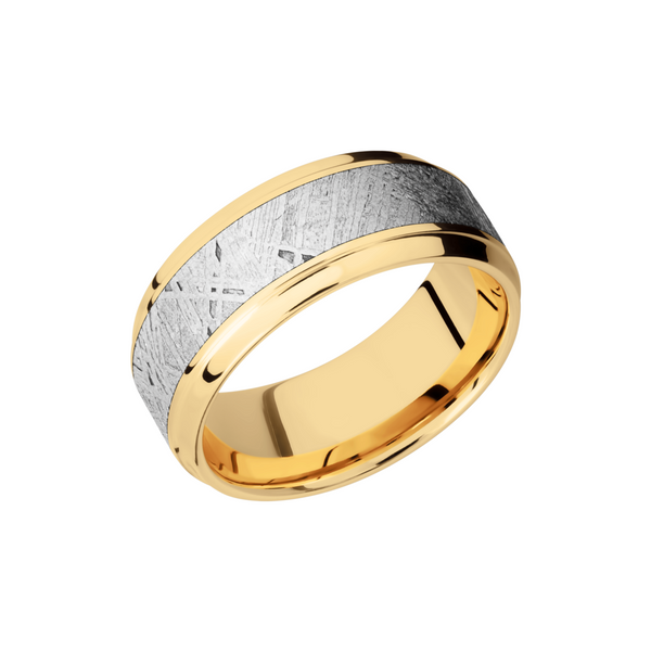 14K Yellow gold 9mm beveled band with an inlay of authentic Gibeon Meteorite J. Morgan Ltd., Inc. Grand Haven, MI