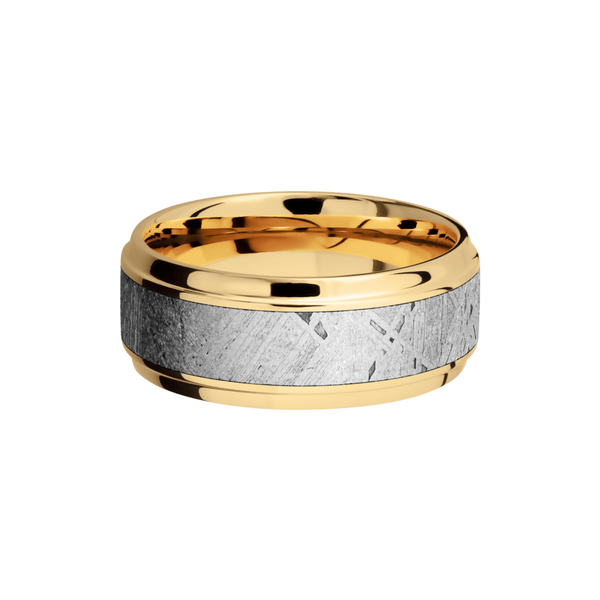 14K Yellow gold 9mm beveled band with an inlay of authentic Gibeon Meteorite Image 3 Linwood Custom Jewelers Linwood, NJ