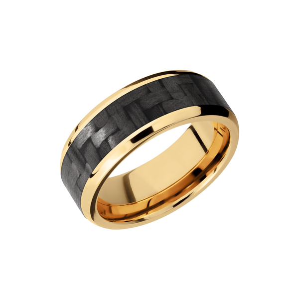 14K Yellow Gold 8mm beveled band with a 5mm inlay of black Carbon Fiber Milan's Jewelry Inc Sarasota, FL
