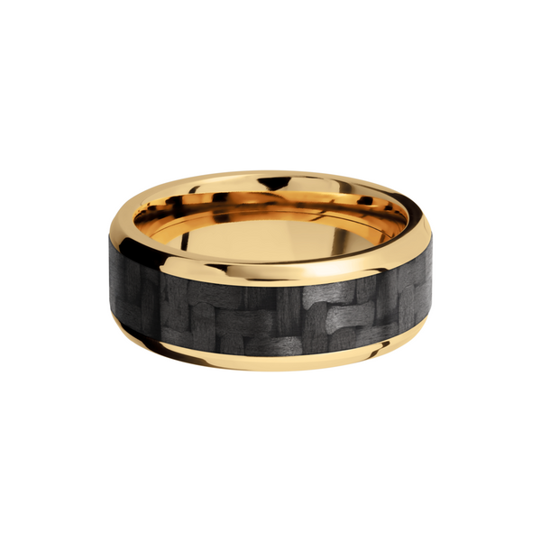 14K Yellow Gold 8mm beveled band with a 5mm inlay of black Carbon Fiber Image 3 John Herold Jewelers Randolph, NJ