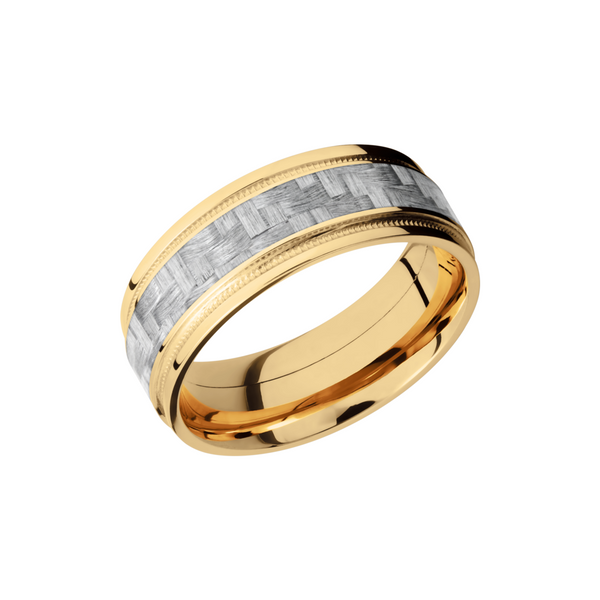 14K Yellow Gold 8mm flat band with grooved edges and a 4mm inlay of black Carbon Fiber inside reverse milgrain detail Ken Walker Jewelers Gig Harbor, WA