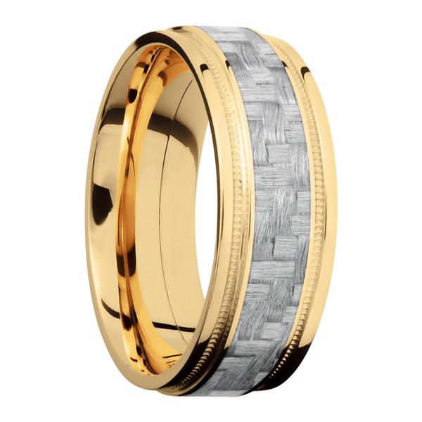 14K Yellow Gold 8mm flat band with grooved edges and a 4mm inlay of black Carbon Fiber inside reverse milgrain detail Image 2 H. Brandt Jewelers Natick, MA
