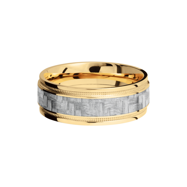 14K Yellow Gold 8mm flat band with grooved edges and a 4mm inlay of black Carbon Fiber inside reverse milgrain detail Image 3 Ken Walker Jewelers Gig Harbor, WA