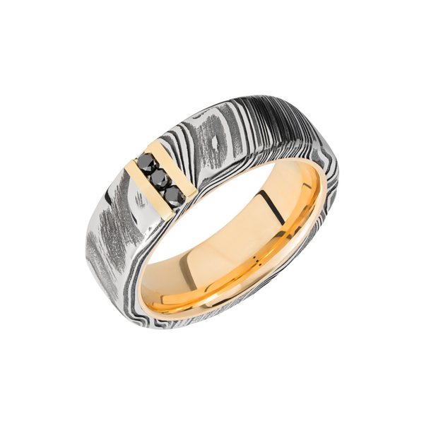 Handmade 7mm Woodgrain Damascus steel band featuring 3, .03ct channel-set black diamonds and a 14K yellow gold sleeve The Source Fine Jewelers Greece, NY