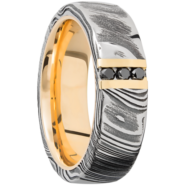 Handmade 7mm Woodgrain Damascus steel band featuring 3, .03ct channel-set black diamonds and a 14K yellow gold sleeve Image 2 Cellini Design Jewelers Orange, CT