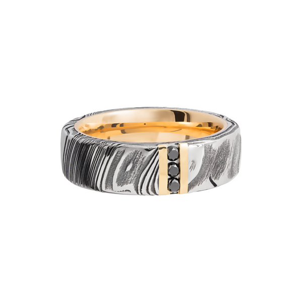 Handmade 7mm Woodgrain Damascus steel band featuring 3, .03ct channel-set black diamonds and a 14K yellow gold sleeve Image 3 Crown Jewelers Augusta, GA