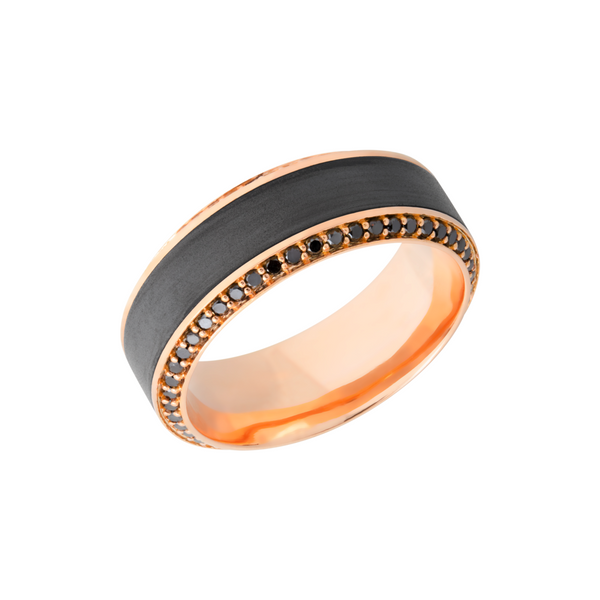 18K Rose gold 8.5mm beveled band with an inlay of zirconium and bead-set eternity black diamonds Raleigh Diamond Fine Jewelry Raleigh, NC