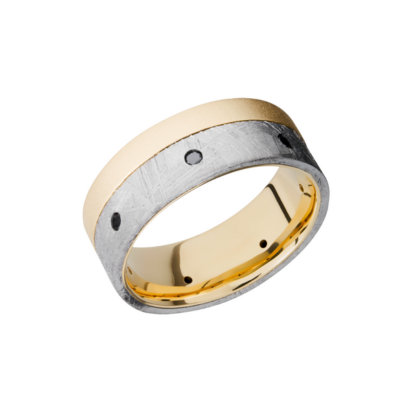 18K yellow gold flat band with an off-center inlay of authentic Gibeon Meteorite and 7, .04ct flush-set black diamonds Molinelli's Jewelers Pocatello, ID