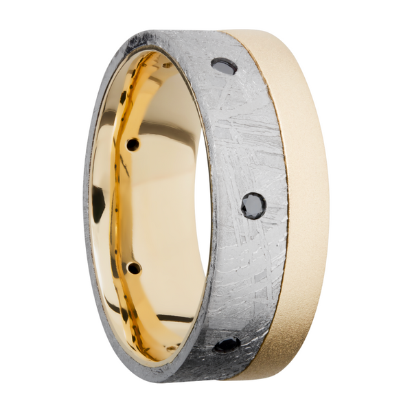 18K yellow gold flat band with an off-center inlay of authentic Gibeon Meteorite and 7, .04ct flush-set black diamonds Image 2 Ken Walker Jewelers Gig Harbor, WA