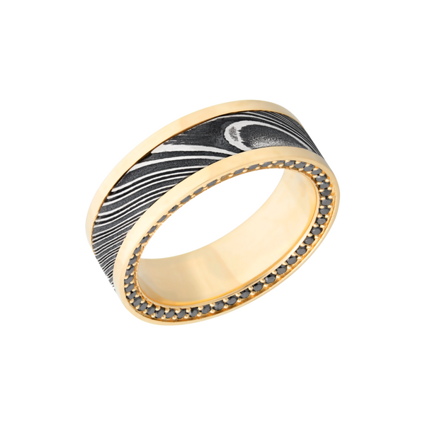 18K Yellow gold 8mm flat band with an inlay of handmade woodgrain Damascus steel and black diamond eternity accents Raleigh Diamond Fine Jewelry Raleigh, NC
