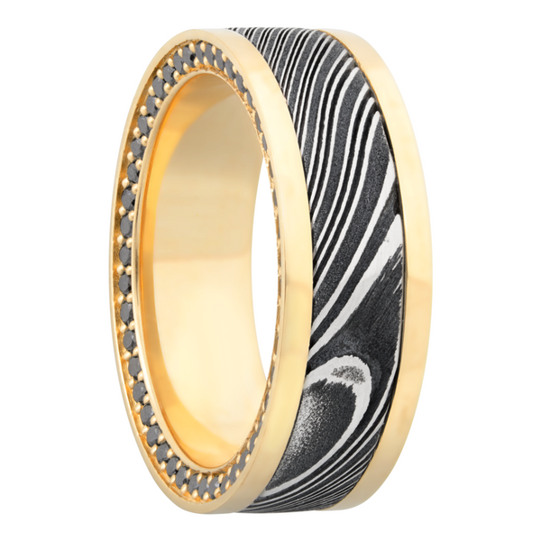 18K Yellow gold 8mm flat band with an inlay of handmade woodgrain Damascus steel and black diamond eternity accents Image 2 Toner Jewelers Overland Park, KS