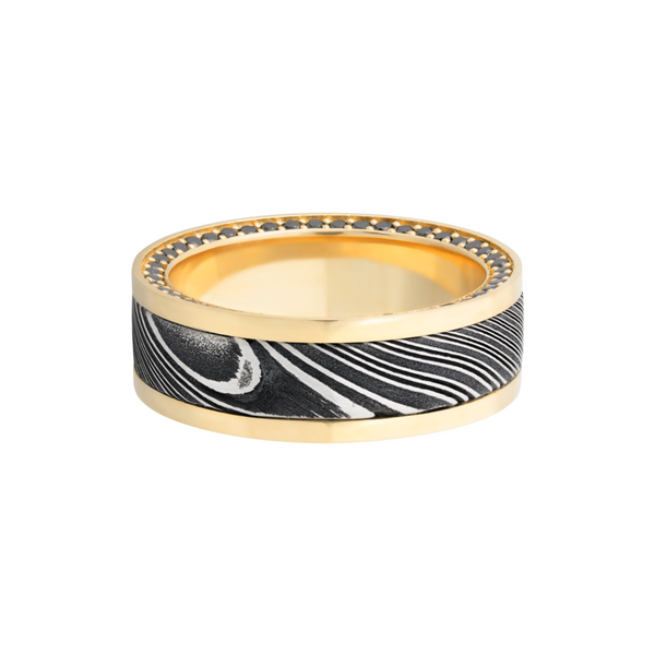 18K Yellow gold 8mm flat band with an inlay of handmade woodgrain Damascus steel and black diamond eternity accents Image 3 Raleigh Diamond Fine Jewelry Raleigh, NC