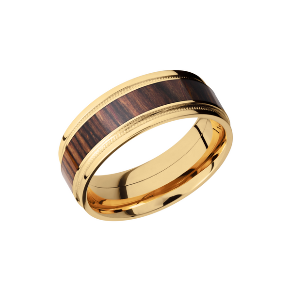 18K Yellow gold 8mm flat band with grooved edges, reverse milgrain detail and an inlay of Natcoco hardwood J. Morgan Ltd., Inc. Grand Haven, MI