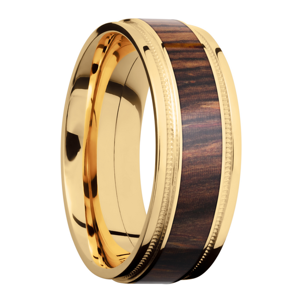 18K Yellow gold 8mm flat band with grooved edges, reverse milgrain detail and an inlay of Natcoco hardwood Image 2 Saxons Fine Jewelers Bend, OR