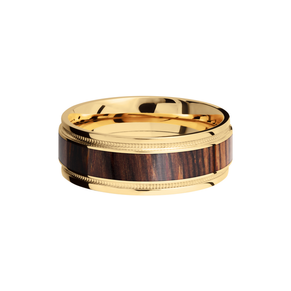 18K Yellow gold 8mm flat band with grooved edges, reverse milgrain detail and an inlay of Natcoco hardwood Image 3 J. Morgan Ltd., Inc. Grand Haven, MI
