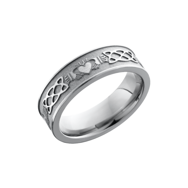 Titanium 6mm flat band with a laser-carved claddagh celtic pattern Cozzi Jewelers Newtown Square, PA