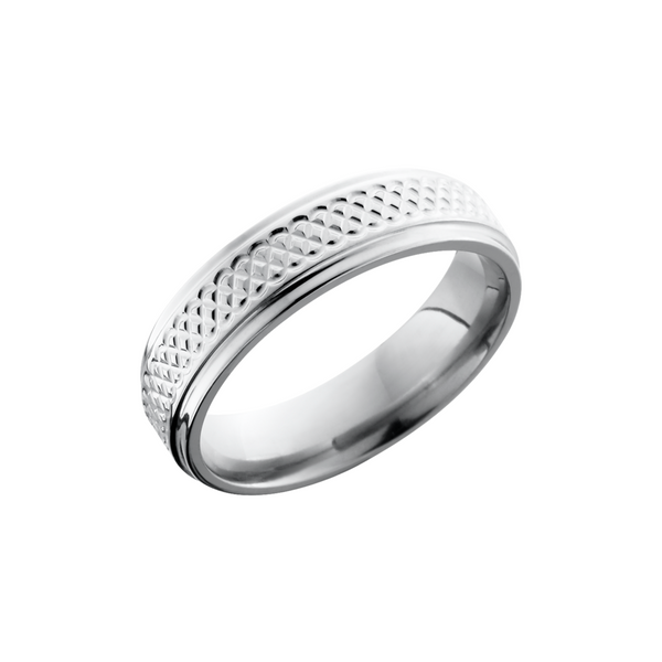 Titanium 6mm flat band with grooved edges and a laser-carved tight weave pattern Toner Jewelers Overland Park, KS