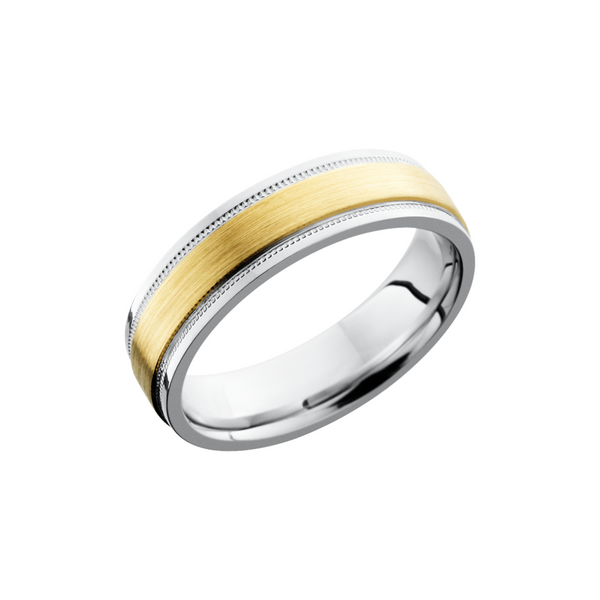 Titanium 6mm flat band with grooved edges and an inlay of 14K yellow gold with reverse milgrain detail on either side Toner Jewelers Overland Park, KS